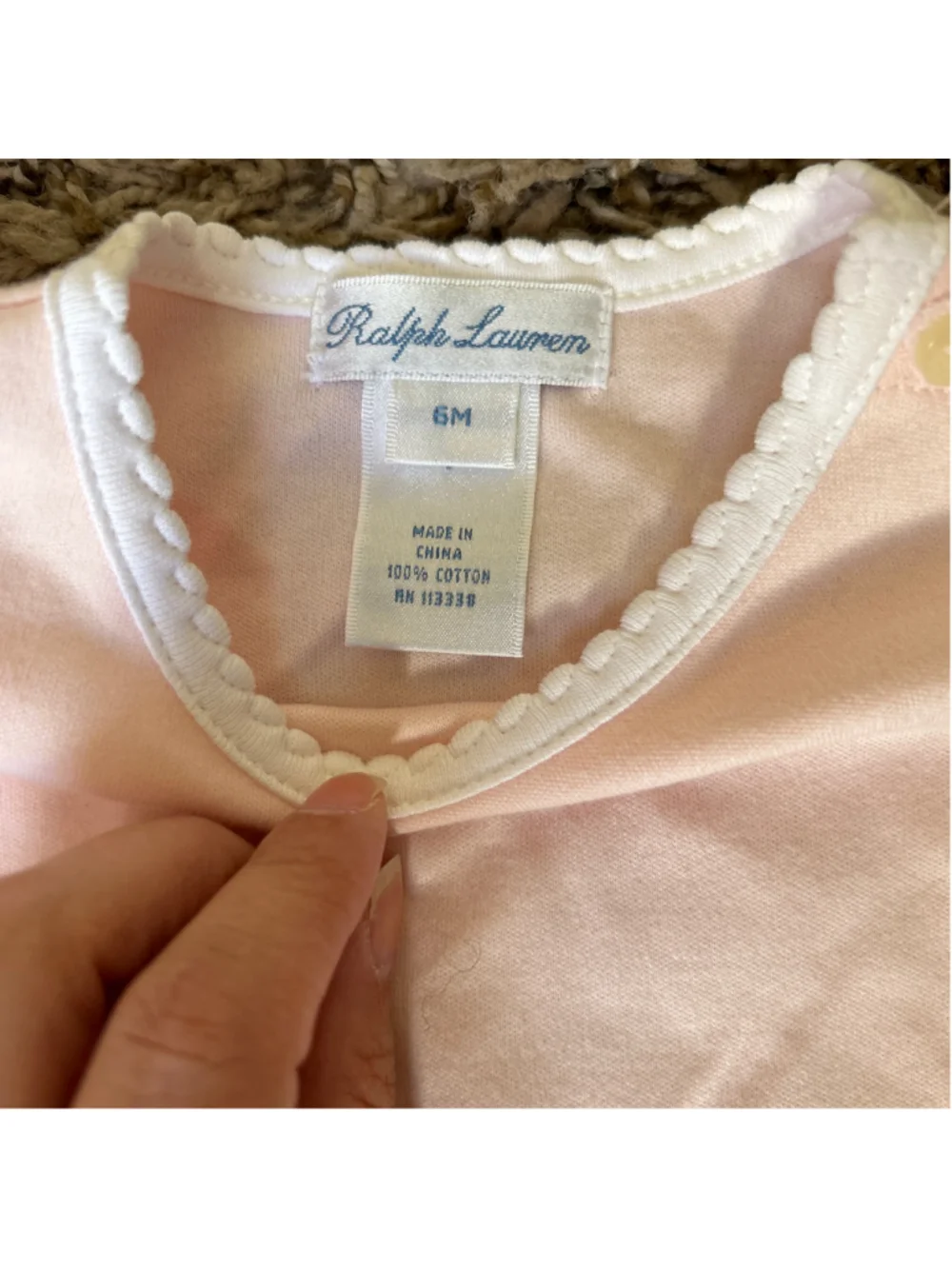 Baby Girl Ralph Lauren 100% Cotton Bodysuit 6 Months Pink White Scalloped Hems